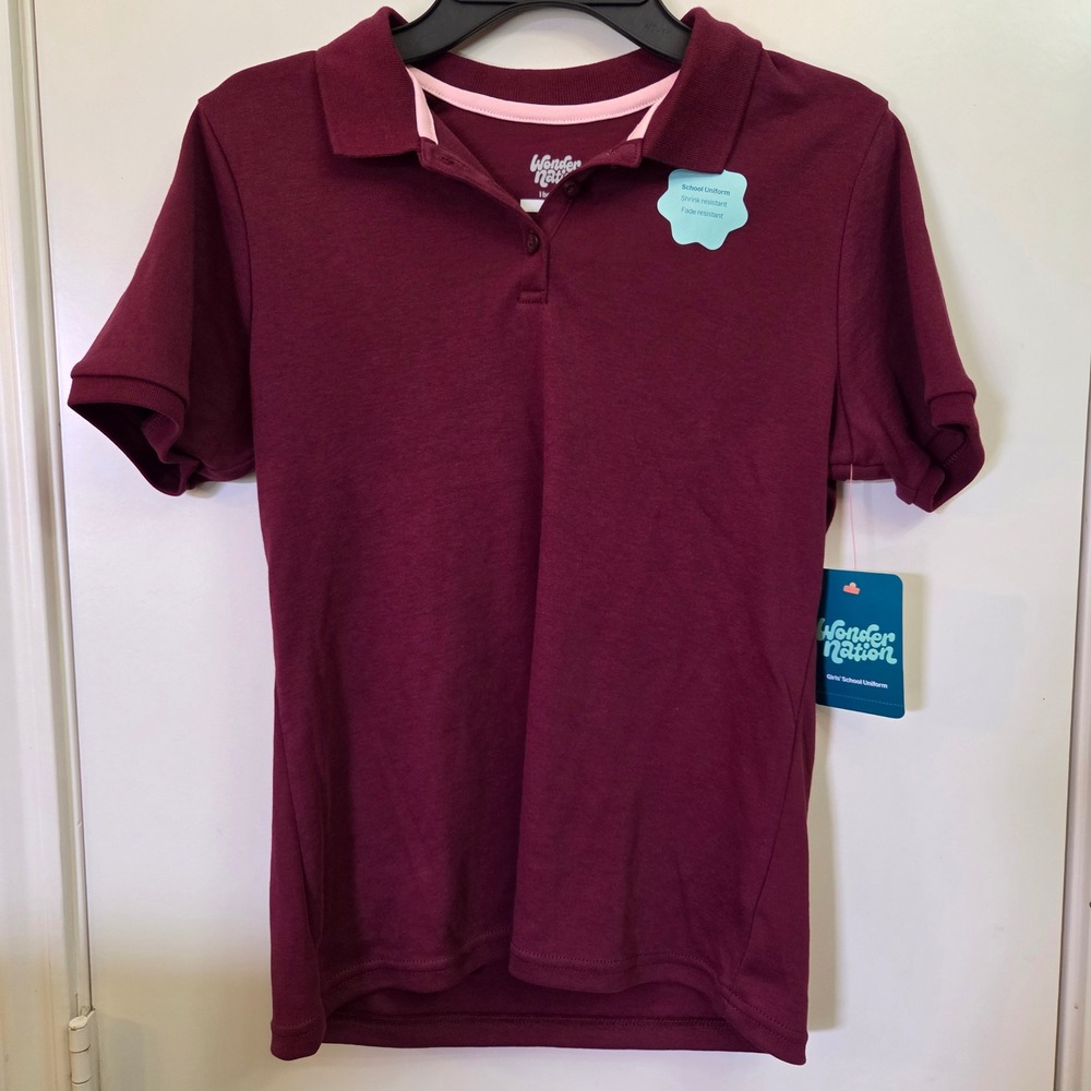 Wonder Nation Girls Burgundy School Uniform Polo Shirt Short Sleeve Size L 10-12